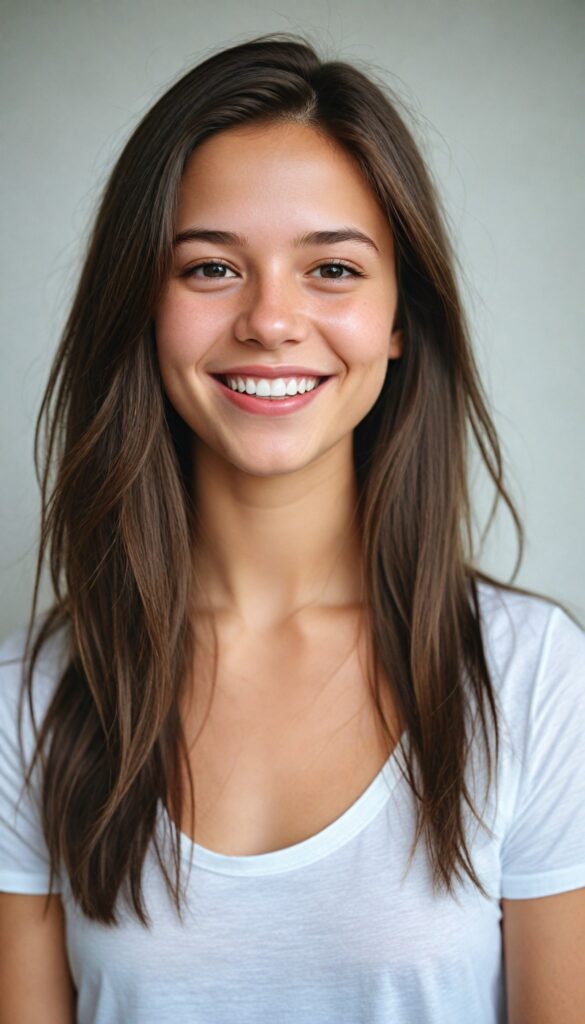 a breathtakingly detailed and hyper realistic (professional photograph) of a young teen girl with straight, silky jet brown soft hair cascading down her shoulders, round face, full lips, smile, white teeth despite its perfect length and texture suggesting advanced age, paired with a minimalist (white short sleeve tank top)