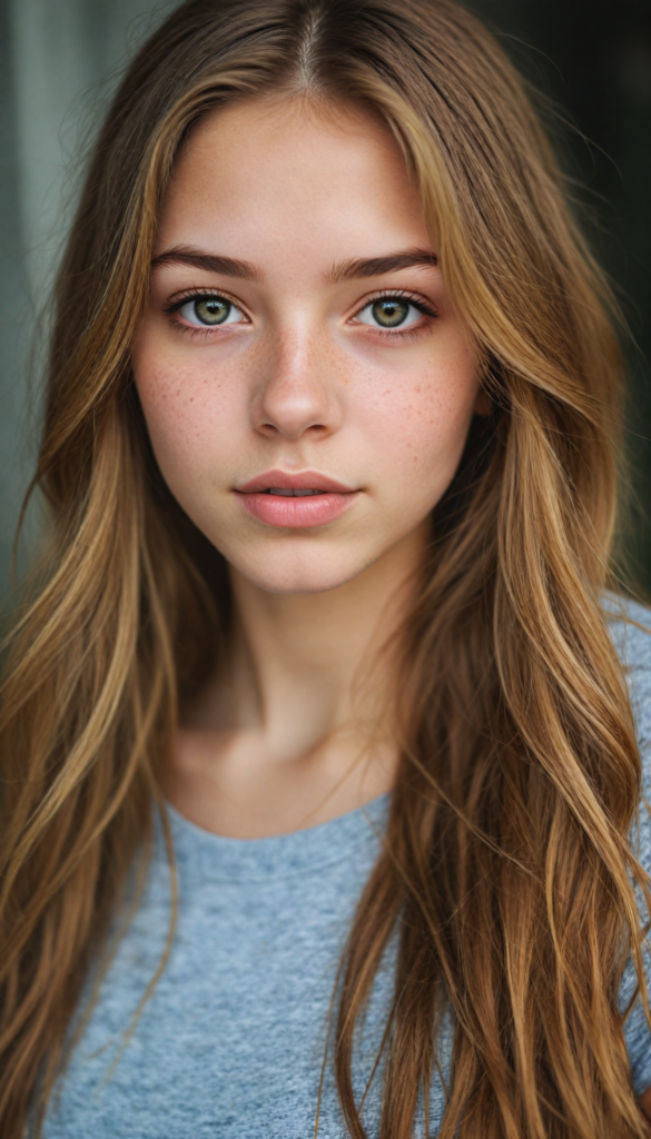 a very detailed and realistic portrait of a (cute teen girl), (long yet straight light brown hair), (realistic detailed brown eyes), (full kissable lips), (realistic detailed, light amber eyes), (face illuminated), perfect curved fit body