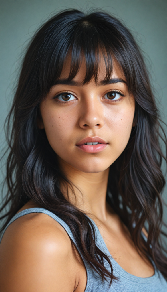 super realistic, 4k, detailed face, cute Exotic teen girl, long black wavy soft hair, bangs cut, wear a grey crop tank top, looks at the camera, portrait shot