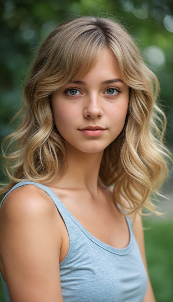 a (beautifully drawn full body portrait) of a (young teen girl with long, jet straight summer blond hair), capturing a (stunningly realistic) curl pattern, advanced facial features that exude cuteness, like (baby-doll eyes), a cropped bang haircut that frames her face, hair color that mimics (hazelnut) tones, a detailed yet angelic complexion, looking directly into the camera, a (side profile portraits), with impeccably drawn curves and contours that match her figure, against a (softly contrasting white backdrop), a short, sleeveless top and super short, cuffed pants that accentuate her (flawless anatomical proportions)