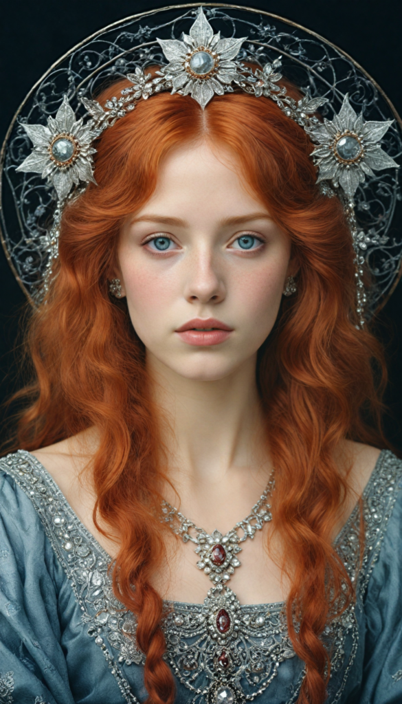 (ethereal portrait), intricately detailed pencil drawing, a silvery-skinned (young teen girl) with cascading, fiery-red hair illuminated by an otherworldly glow, her eyes reflecting the cosmos, adorned with delicate silver jewelry that twinkles like stars, set against a deep, velvety black background that enhances her luminous presence, reminiscent of the works of Alphonse Mucha and Gustav Klimt