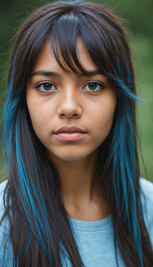 a beautifully drawn (brown-skinned teen emo girl) with flowing, softly waving (straight hair) framing her face in side bangs and highlighted by a contrasting light blue complexion, expressing a poignant feeling of melancholy and emotional detachment, set against a softly grey (backdrop)