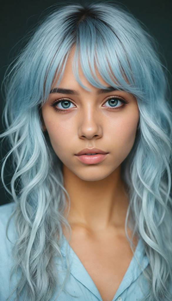 a whimsically illustrated brown-skinned teen emo girl, with cascading, gently undulating straight white hair framing her face, accentuated by a subtle cascade of side bangs. Her complexion glows with an ethereal light blue hue, embodying a haunting beauty that evokes a bittersweet sense of melancholy and introspection. Surrounding her is a dreamy, misty backdrop of soft grey, interspersed with delicate, ethereal swirls of muted pastel colors, creating a serene yet poignant atmosphere reminiscent of a twilight dreamscape. The scene captures the essence of emotional detachment, while inviting viewers to delve into the depths of her reflective demeanor, with intricate, whimsical details that evoke a sense of fragile beauty.