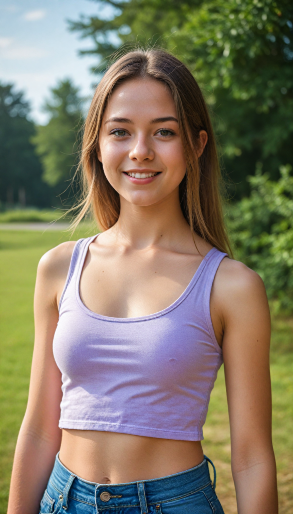 a stunning and gorgeous teen girl, perfect curved body, detailed and realistic full portrait, stand in front of viewer at a sunny day, smile, she wears a light violet plain summer tank top, super realistic and round face, shiny eyes, you can see her navel