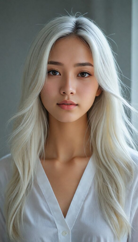 a breathtakingly (realistic portrait), capturing the essence of youthful beauty, featuring a (Asian teen girl) who exudes (serene elegance), with long, flowing (straight platinum white hair), and a (flawlessly detailed angelic face), where her (soft, realistic hazelnut eyes), she is clad in a white T-shirt, with flawless anatomical proportions that draw the eye, against a (subtle, uncluttered backdrop of white). The overall atmosphere evokes a (cinematic sophistication) that exudes timeless appeal