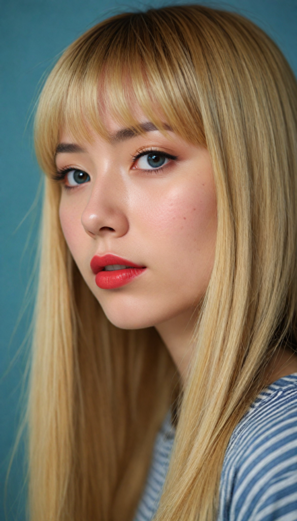 create a detailed and masterpice of (side view) portrait: a Japanese girl, long blond soft straight hair, bangs, she looks astonished and her mouth is slightly open, (her eyes are light blue) (full red lips) (round face) perfect shadows and light