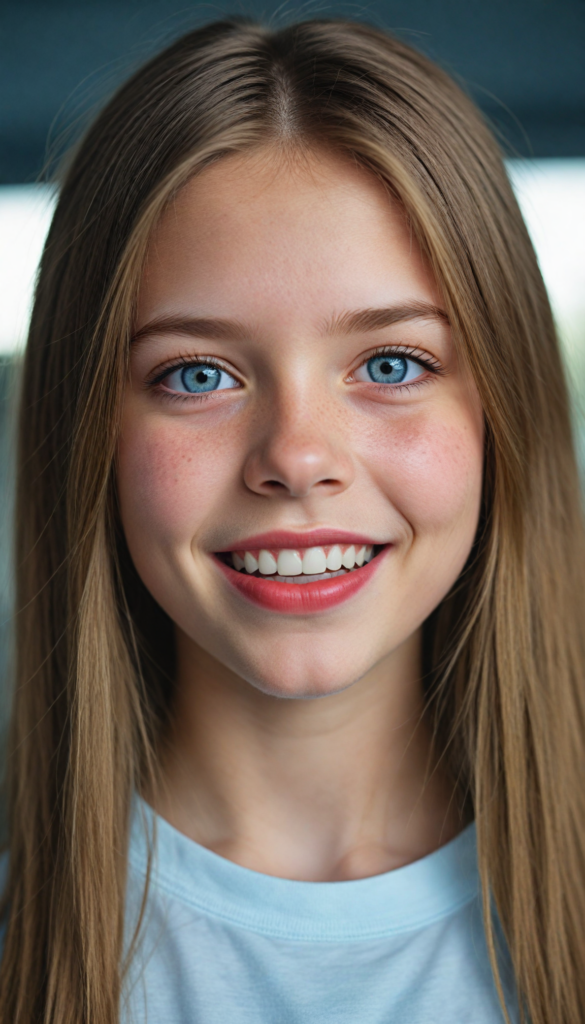 a (detailed portrait) from a silvery-skinned (young innocent girl), long soft straight light brown hair, white t-shirt, light blue eyes, (full red lips), mouth slightly open, white teeth