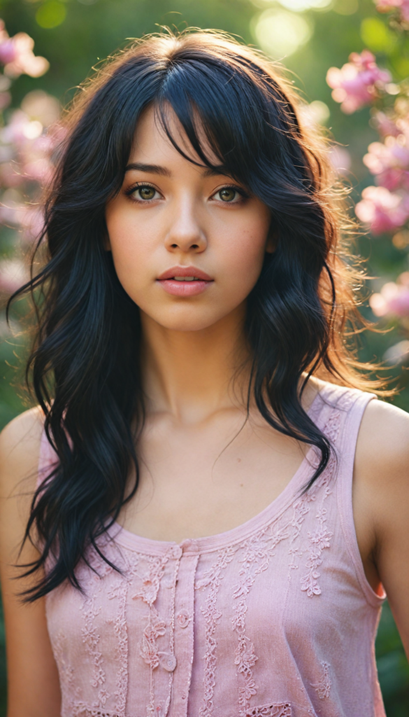 a hyper-realistic and intricately detailed portrait of a whimsical teen emo girl with flowing, soft black hair cascading in gentle waves, framing her face beautifully. Her striking amber eyes radiate warmth and depth, complemented by full, expressive lips. She wears a chic, no-pattern, form-fitting pink tank top that contrasts with the vibrant background, adorned with a dreamy blend of swirling pastel colors reminiscent of a sunset. Sunlight filters through an ethereal garden full of blooming flowers and soft bokeh effects, casting a warm glow that highlights the girl's delicate features and adds a magical quality to the scene.