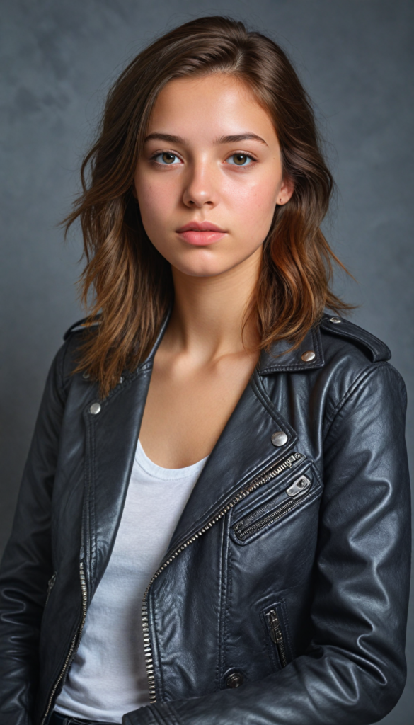 a teen girl, best quality, masterpiece, ultra high resolution, photo realistic, detailed skin, (black short aviator leather jacket), lounging, (grey background)