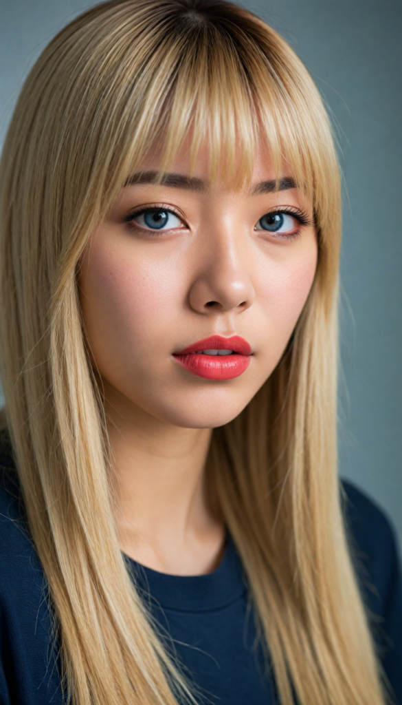 create a detailed and masterpiece of (side view) portrait: a Japanese girl, long blond soft straight hair, bangs, she looks astonished and her mouth is slightly open, (her eyes are light blue) (full red lips) (round face) perfect shadows and light, she wears a black soft t-shirt