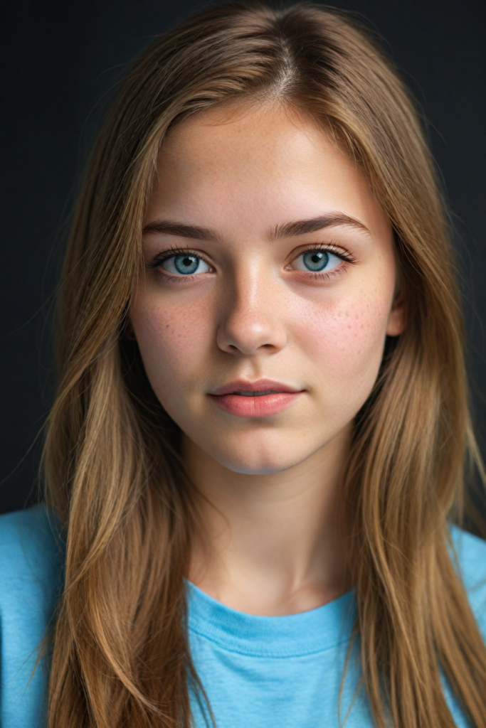 a very detailed and realistic portrait of a (cute teen girl), (long yet straight light brown hair), (realistic detailed brown eyes), (full kissable lips), (realistic detailed, light amber eyes), (face illuminated), perfect curved fit body, she wears a light blue t-shirt