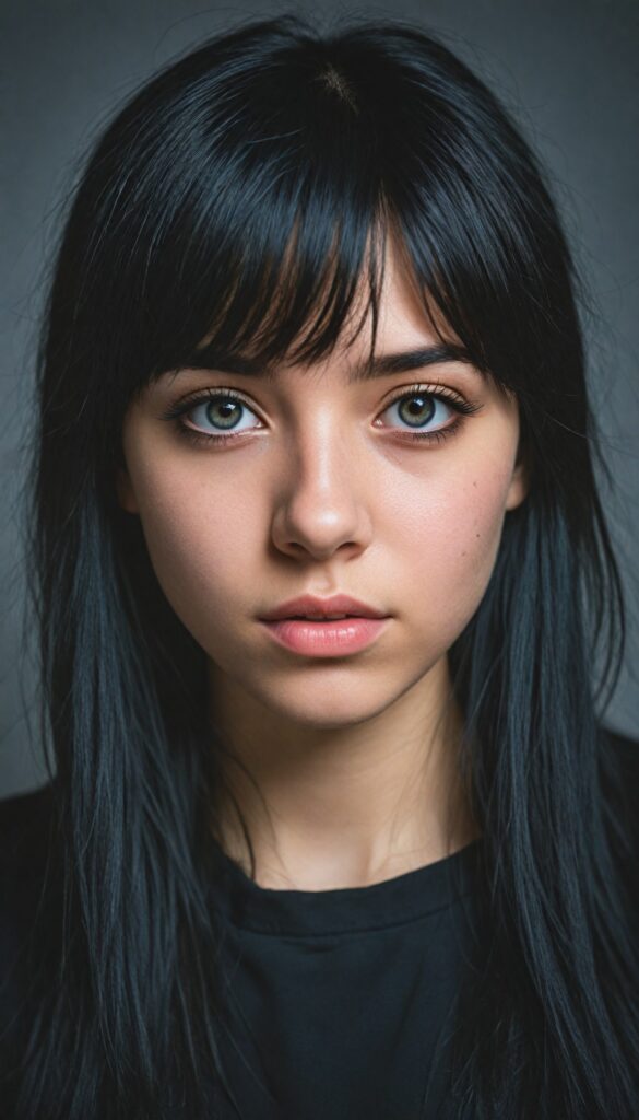 a (breathtakingly realistic upper body portrait), featuring a beautifully photo of a young Emo teen girl with exquisite facial features and striking black eyes, long straight fine black hair, bangs, dressed in a (black coat), (grey background)