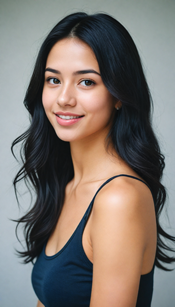 a (breathtakingly realistic portrait) capturing the essence of a cute youthful teen girl, 18 years old, warm smile, with a flawlessly proportioned upper body, perfect curved fit body, (straight, long, soft obsidian black hair), flawless, beautiful smooth skin, round angelic face with full kissable lips, wearing a thin and super sleek tank top, poised confidently against a (white canvas background)