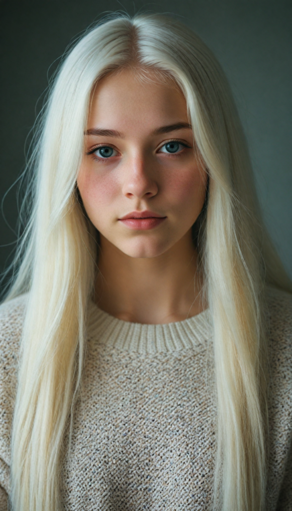 a (young teen girl), wears a super fine wool sweater, (long straight white hair) super realistic