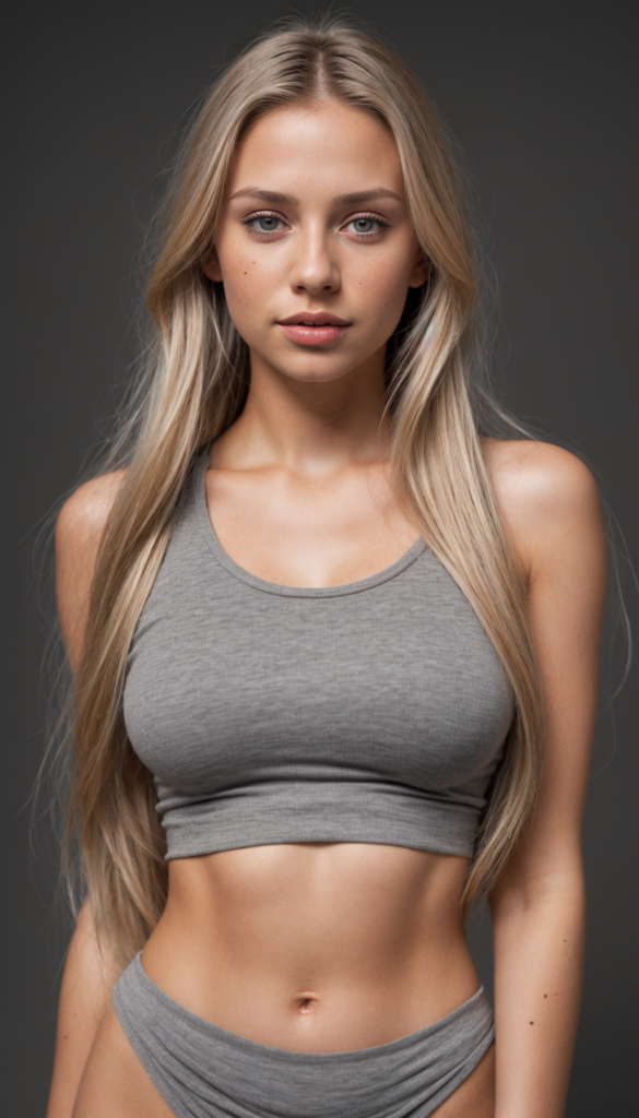 a stunning and gorgeous detailed, realistic portrait from a beautiful young happy tanned girl, long straight soft blonde hair, (grey crop top), black backdrop