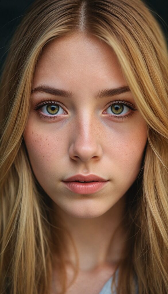 a very detailed and realistic upper body portrait of a (girl), (long yet straight copper-blond hair), (realistic detailed brown eyes), (full kissable lips), (realistic detailed, light amber eyes), (face illuminated)