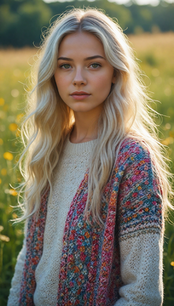 a whimsical young teen girl with long, flowing white hair, adorned in a luxurious, intricately knitted super fine wool sweater featuring vibrant patterns inspired by nature, standing in a sun-drenched meadow filled with colorful wildflowers, the sunlight casting a golden hue on her delicate features, hyper-realistic style reminiscent of a detailed portrait painting, capturing both the softness of the fabric and the shimmering quality of her hair.