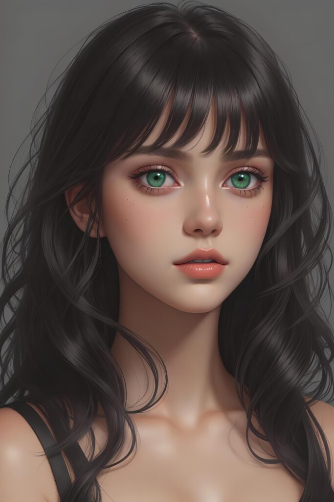 ((gorgeous)) ((stunning)) ((portrait)) masterpiece of teen girl detailed face with green eyes, black wavy hair, bangs cut