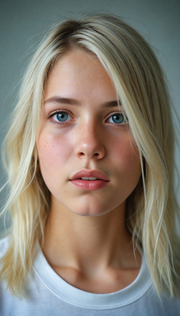 a breathtakingly detailed and hyperrealistic (professional photograph), portraying an intensely sorrowful expression on the face of a young girl with luxuriantly flowing, untamed, straight, silky white blonde hair cascading down her shoulders, despite its perfect length and texture suggesting advanced age, paired with a minimalist (white short sleeve T-shirt)