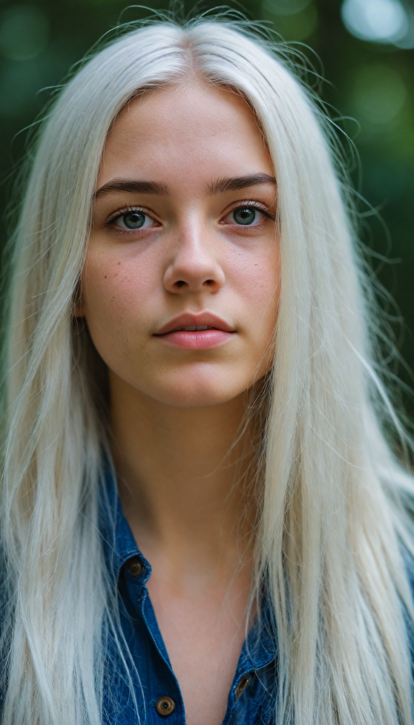 detailed and realistic photo from a young teenage girl, straight long jet soft white hair, natural backdrop