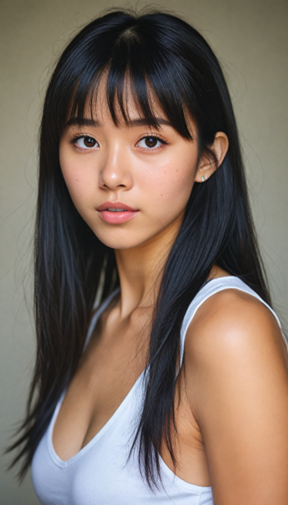 super realistic, 4k, detailed face, cute petite Asian teen girl, long black straight soft hair, bangs cut, wear a white short tight cropped tank top with deep v-neck, looks at the camera, portrait shot