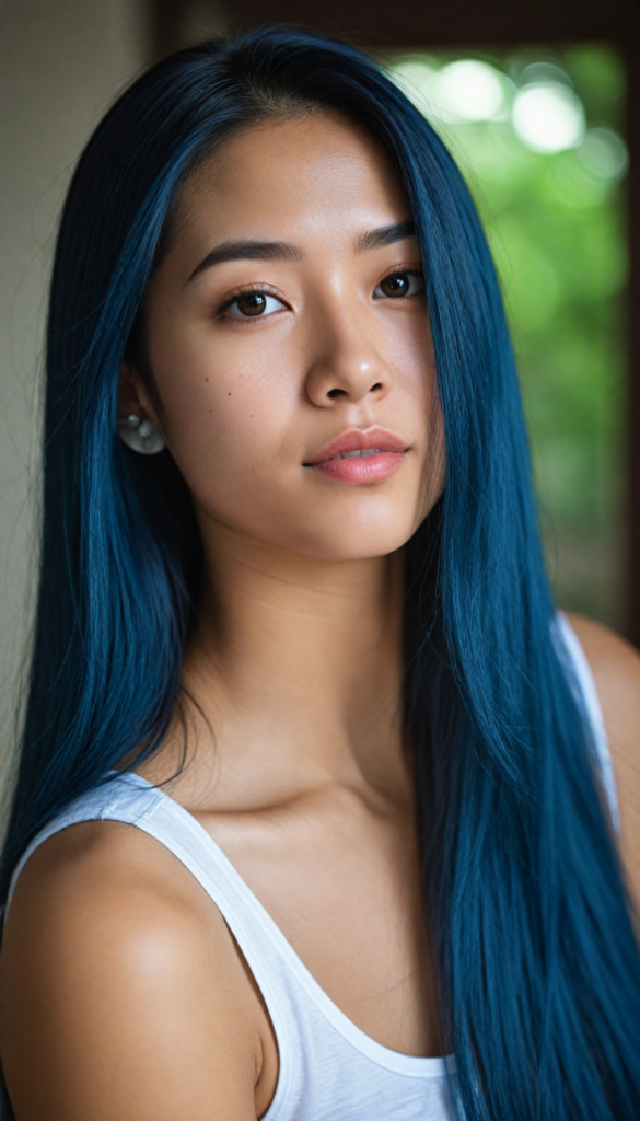 super realistic, detailed portrait, a beautiful young Asian girl with long blue soft straight detailed hair looks sweetly into the camera, realistic beautiful round eyes, she wears a white tank top, side view