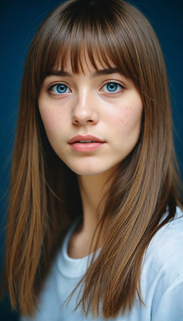 a (teen girl with bangs cut), (vividly drawn long, straight soft hazel hair) that reflects the light in a (professional night photograph), is depicted with exquisite detail, her face softly angelic yet realistically defined, big round eyes, wearing a (super short, sleek white T-shirt) against a blue backdrop, (side view)