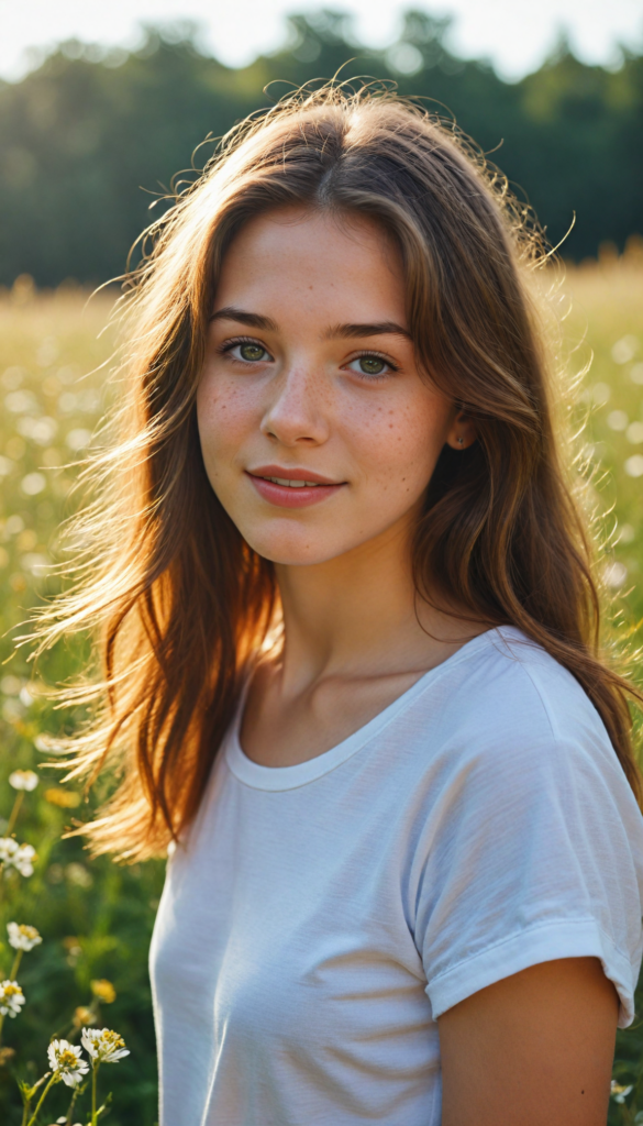 a captivating close-up portrait of a young teen girl with soft, flowing brown hair illuminated by golden sunlight, wearing a casual white t-shirt. Her expressive eyes reflect a world of dreams, adorned with delicate freckles across her cheeks, capturing an enchanting essence. The background is a blurred meadow filled with wildflowers, creating a serene atmosphere that highlights her beauty. The image exudes warmth and charm, evoking a sense of youthful wonder and joy.