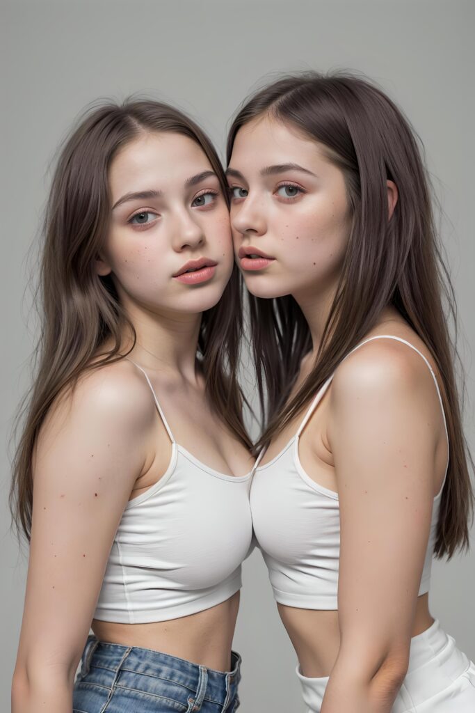 (((cute))) (((gorgeous))) ((female model)) ((stunning)) ((two very pretty young teen girls)), straight hair, perfect realistic body, dressed in a form-fitting low cut white crop top, super short mini skirt, ((about to a passionate kiss))