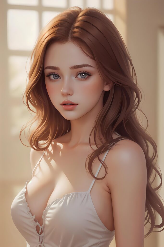 super realistic, detailed, ((gorgeous)) ((stunning)) cute young breasted girl, full portrait, long auburn hair, 18 years old