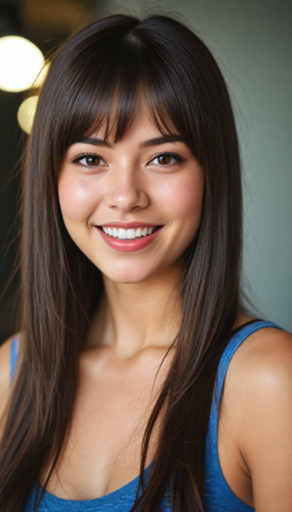 (upper body portrait) of a (beautiful) (cute) girl, (very long jet brown straight jet hair), (bangs), (plump lips), (seductive look), wide open front, (perfect curvy body), (tank top, deep v-neck), (cheerful smile), (face illuminated), (looking into the camera)