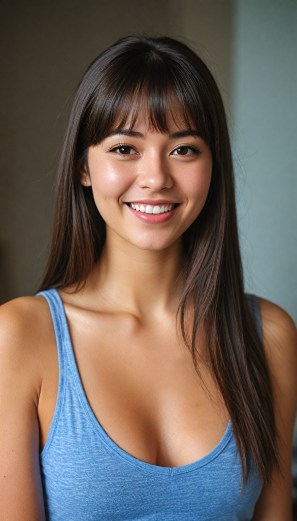 (upper body portrait) of a (beautiful) (cute) girl, (very long jet brown straight jet hair), (bangs), (plump lips), (seductive look), wide open front, (perfect curvy body), (tank top, deep v-neck), (cheerful smile), (face illuminated), (looking into the camera)