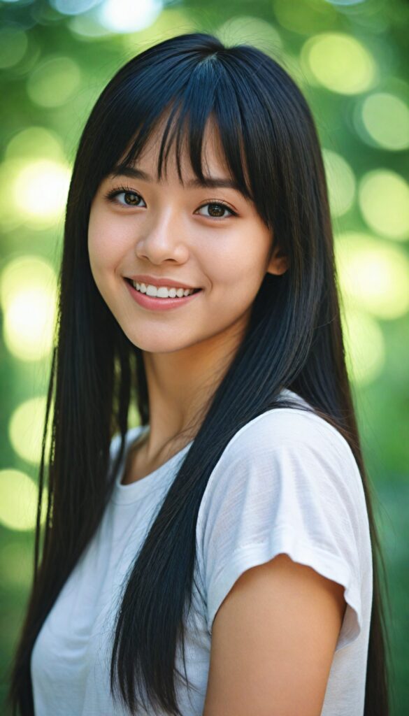 a detailed and realistic photo from a (cute) Oriental teen girl (long, straight jet hair, bangs), (stunning), (gorgeous), beautifully realistic, cinematic lights, realistic detailed angelic round face, (realistic detailed amber eye) looks happy at the camera, perfect curved body, (wears a super short tight (white t-shirt)), perfect anatomy, side perspective, against a sunny green backdrop