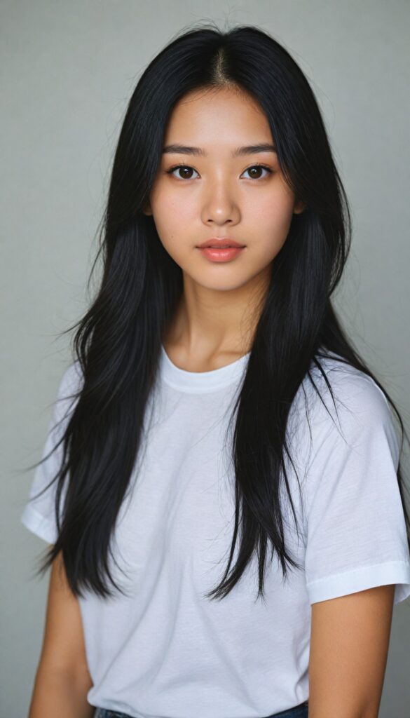 a breathtakingly (realistic portrait), capturing the essence of youthful beauty, featuring a (Asian teen girl) who exudes (serene elegance), with long, flowing (straight black hair), and a (flawlessly detailed angelic face), where her (soft, realistic hazelnut eyes), she is clad in a white T-shirt, with flawless anatomical proportions that draw the eye, against a (subtle, uncluttered backdrop of white). The overall atmosphere evokes a (cinematic sophistication) that exudes timeless appeal