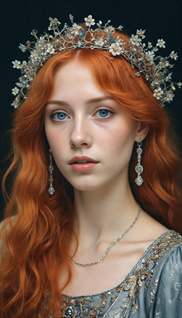 (ethereal portrait), intricately detailed pencil drawing, a silvery-skinned (young teen girl) with cascading, fiery-red hair illuminated by an otherworldly glow, her eyes reflecting the cosmos, adorned with delicate silver jewelry that twinkles like stars, set against a deep, velvety black background that enhances her luminous presence, reminiscent of the works of Alphonse Mucha and Gustav Klimt