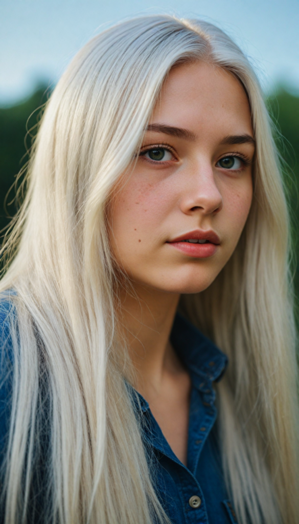 detailed and realistic photo from a young teenage girl, straight long jet soft white hair, natural backdrop