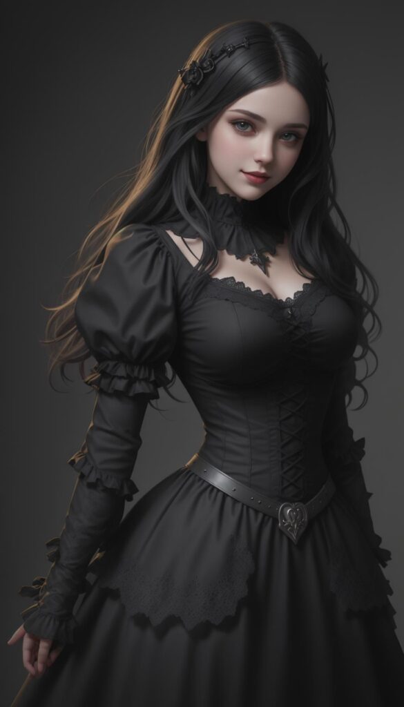 young girl, dark hair, smile, gothic dressed