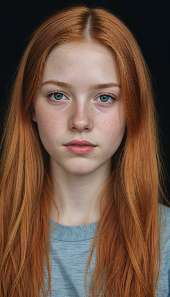 (portrait), detailed pencil drawing, silvery-skinned (young teen girl), long straight red hair (black background)