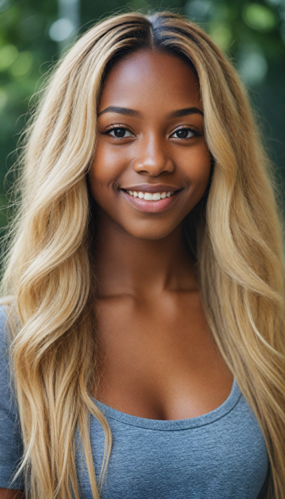 (portrait) (stunning) detailed, a beautiful young happy melanin girl, long straight soft blonde hair, (grey crop top)