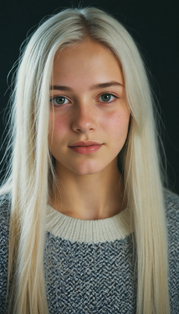 a (young teen girl), wears a super fine wool sweater, (long straight white hair) super realistic