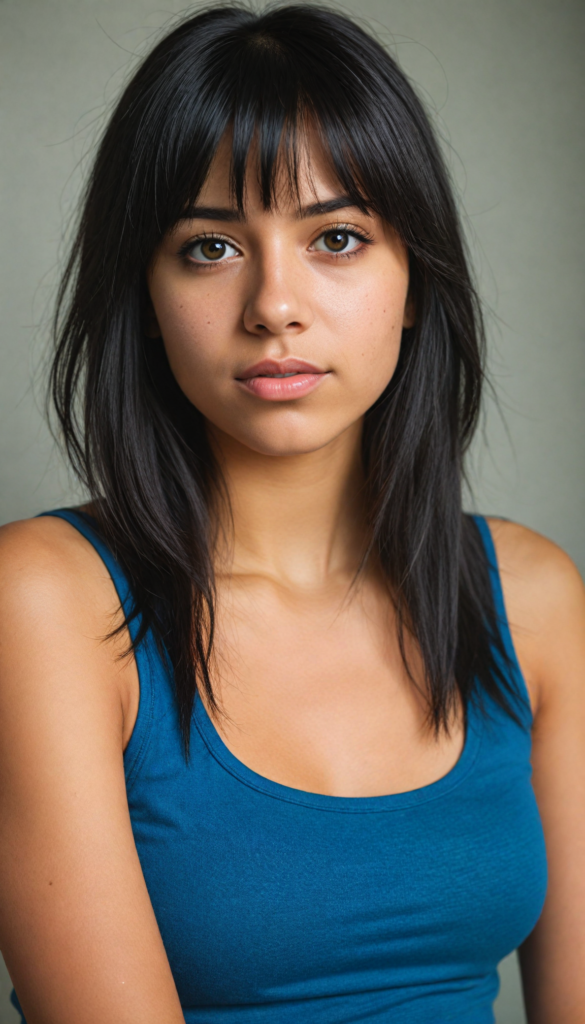 super realistic, 4k, detailed face, cute young Latino teen girl, long obsidian black straight soft hair, bangs cut, wear a blue crop tank top, looks at the camera, portrait shot, super realistic amber eyes