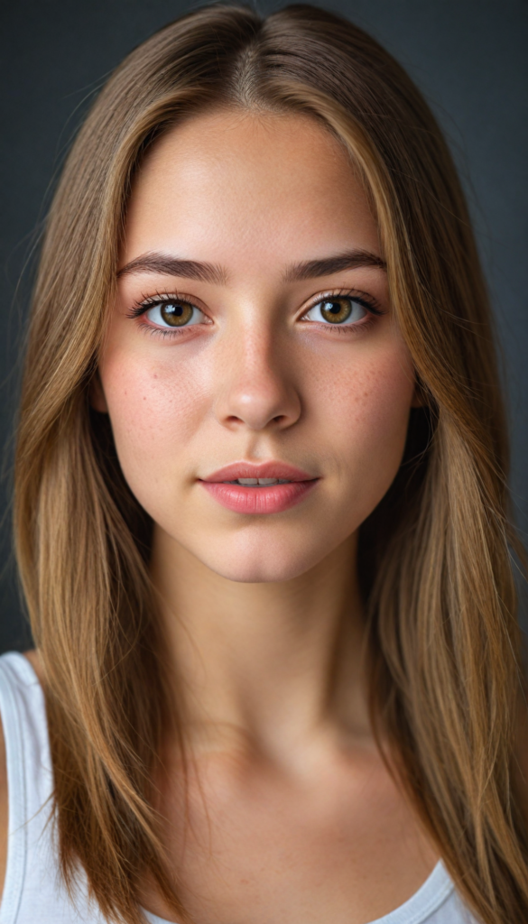 a very detailed and realistic portrait of a (cute teen girl), (long yet straight light brown hair), (realistic detailed brown eyes), (full kissable lips), (realistic detailed, light amber eyes), (face illuminated), (wearing a very low cut (white tank top) made on fine wool), perfect curved fit body