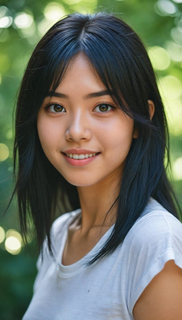 a detailed and realistic photo from a (cute) young Japanese girl (long, messy straight obsidian black hair), (stunning), (gorgeous), beautifully realistic, cinematic lights, realistic detailed angelic round face, (realistic detailed amber eye) looks happy at the camera, perfect curved body, (wears a super short tight (white t-shirt)), perfect anatomy, side perspective, against a sunny green backdrop