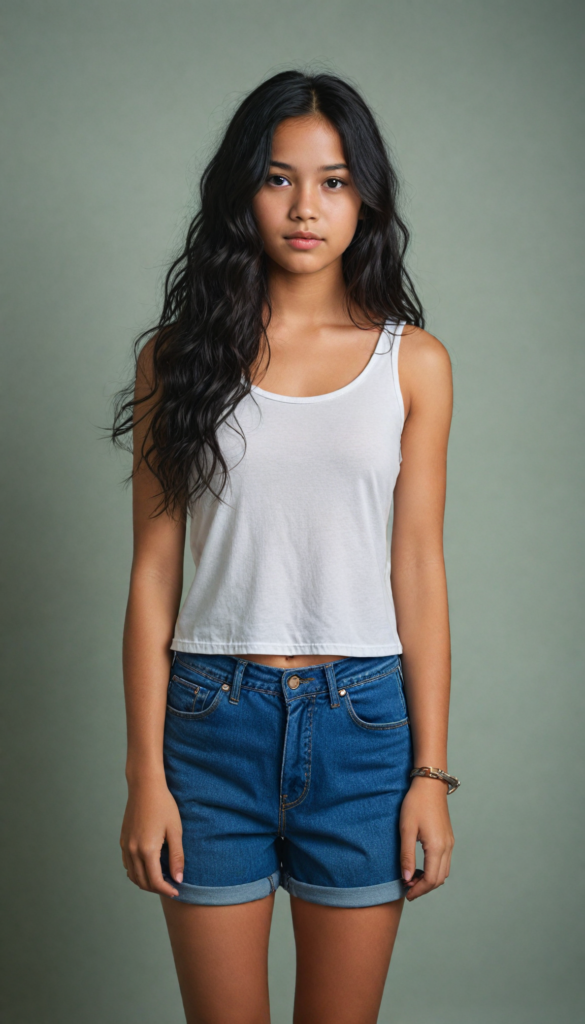 a (super realistic and highly detailed full-body photo), capturing a (beautiful and innocent young girl) with (very long, thick, wavy black hair), cropped tank top