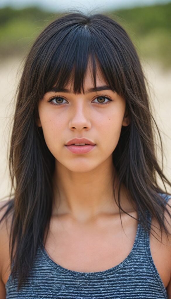 a realistic, detailed face, (super cute) (petite), (emo teen girl) with long, flowing (dark grey super soft hair, bangs), (dark crop tank top), (vividly drawn full kissable lips), all against a backdrop of a (serene, sandy beach)