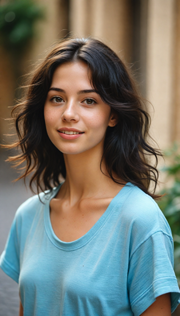 a stunningly detailed and lifelike portrait of a whimsical teen girl with flowing, straight obsidian black hair cascading over her shoulders, expressive brown eyes that sparkle with curiosity, and soft, full lips that seem to hold a playful secret. Her face is illuminated by soft, golden sunlight, highlighting the delicate freckles dancing across her cheeks. She has an enchanting aura, radiating warmth and positivity, dressed in a cozy, oversized light blue t-shirt that drapes effortlessly over her perfect, graceful figure. A subtle smile graces her lips, inviting a sense of joy and wonder as she stands against a dreamy, softly blurred pastel background, reminiscent of an impressionist painting.