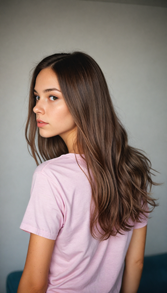 an attractive (teen girlie) dressed in a sleek, (short-cropped light pink t-shirt), with flowing, long tresses cascading down her back, captured in a (vividly realistic photo). Her features are softly highlighted by the dimly lit room