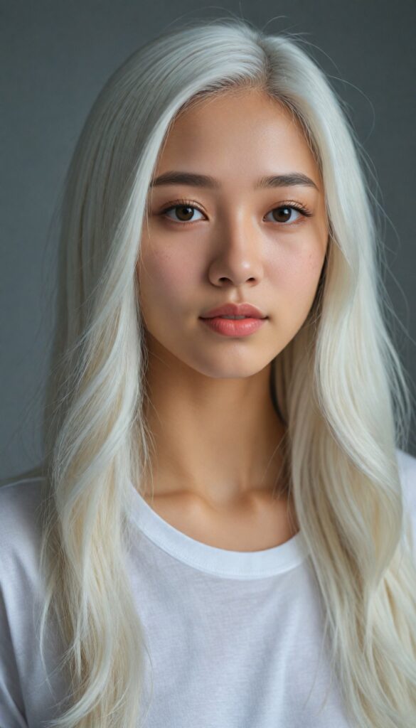 a breathtakingly (realistic portrait), capturing the essence of youthful beauty, featuring a (Asian teen girl) who exudes (serene elegance), with long, flowing (straight platinum white hair), and a (flawlessly detailed angelic face), where her (soft, realistic hazelnut eyes), she is clad in a white T-shirt, with flawless anatomical proportions that draw the eye, against a (subtle, uncluttered backdrop of white). The overall atmosphere evokes a (cinematic sophistication) that exudes timeless appeal