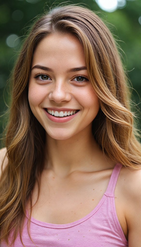 a upper body portrait from a (teen girl) with a joyful and sunny smile, wearing a sleek and fitted short crop pink tank top that showcases her perfect, curves, captured in a (flawless portrait), with long, flowing, straight hazelnut hair cascading down