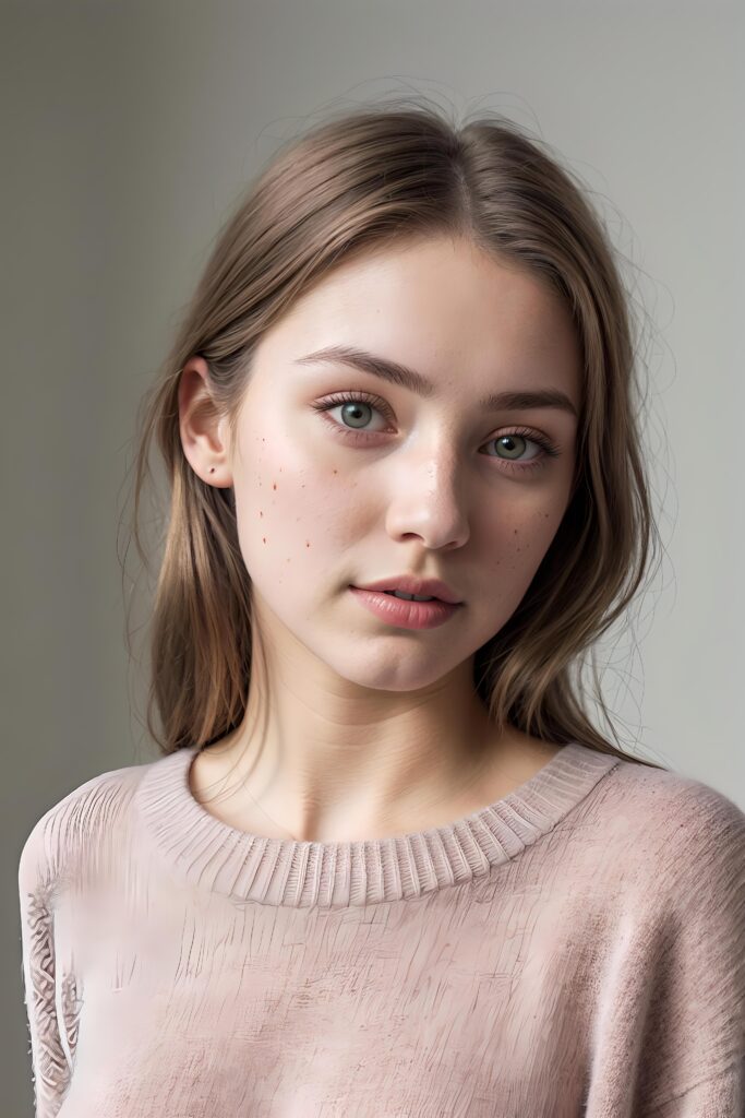 super realistic, detailed, ((gorgeous)) ((stunning)) cute young breasted girl, full portrait, 18 years old, thin wool sweater